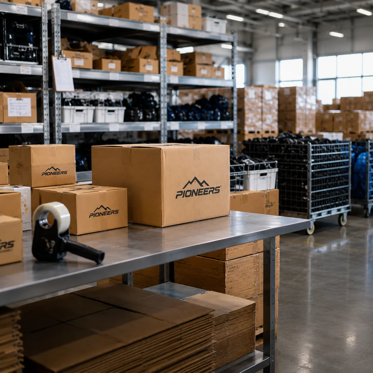 Clean packaging and warehouse area for heavy-duty securing strap manufacturing and fulfillment